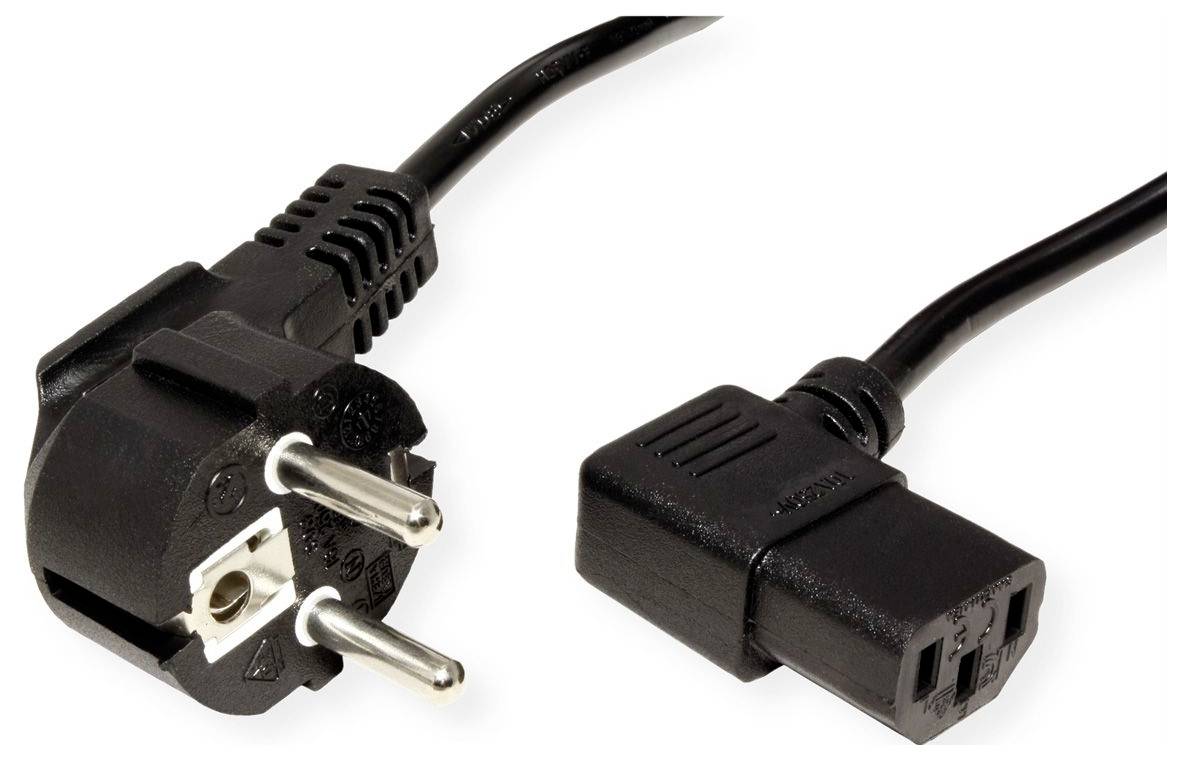 Stromkabel mit europäischem zweipoligem Stecker auf der einen Seite und IEC-C13-Stecker auf der anderen Seite, dargestellt auf weißem Hintergrund.