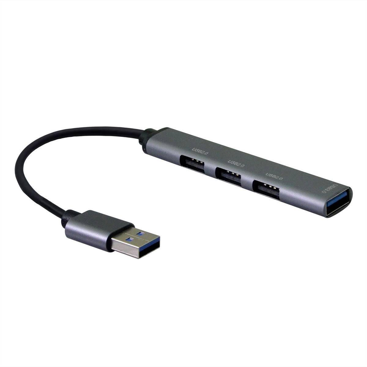 USB-Hub mit kurzem Kabel und vier USB-A-Anschlüssen, verbunden mit einem USB-A-Stecker