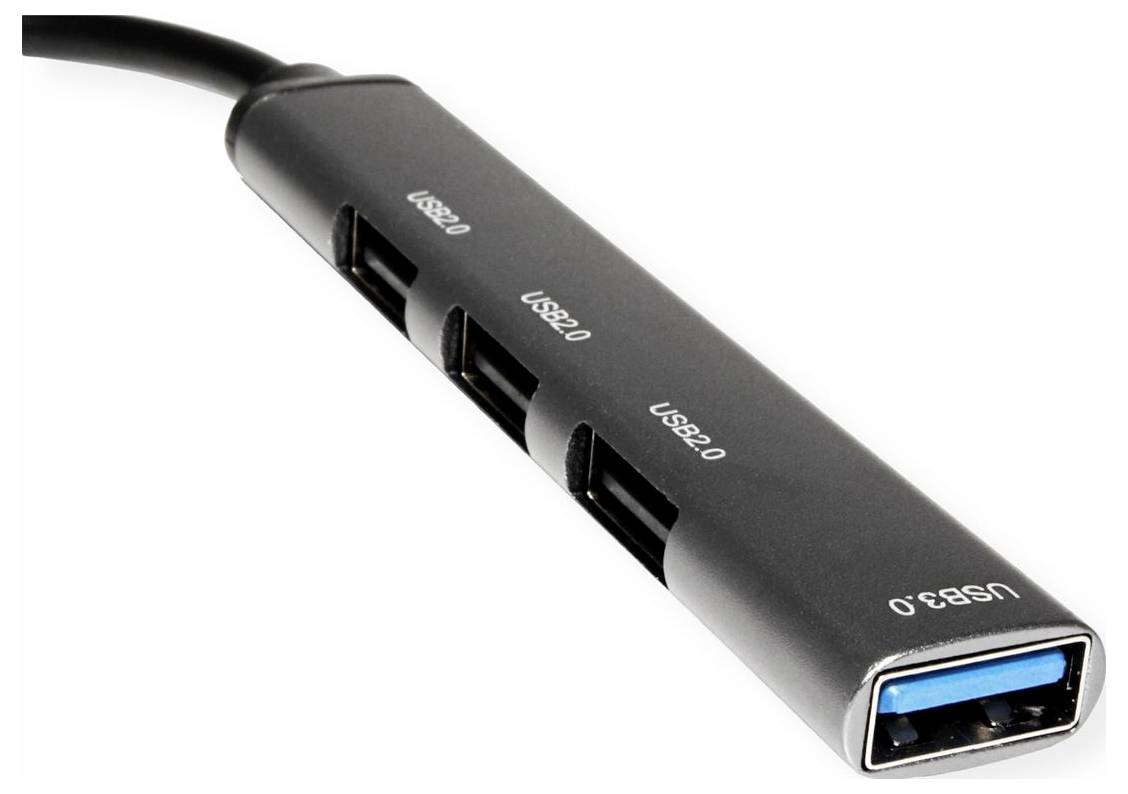 Schwarzer USB 3.0-Hub-Adapter mit vier USB-A-Anschlüssen und angeschlossenem Kabel, dargestellt auf weißem Hintergrund.