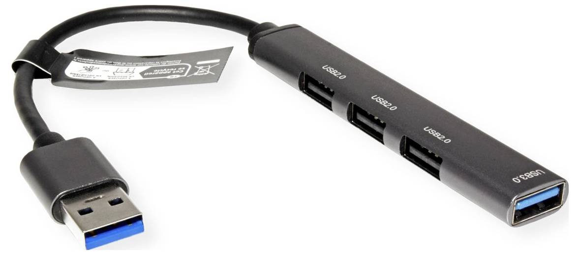 USB 3.0-Hub mit drei Anschlüssen und angeschlossenem Kabel, gezeigt auf weißem Hintergrund.