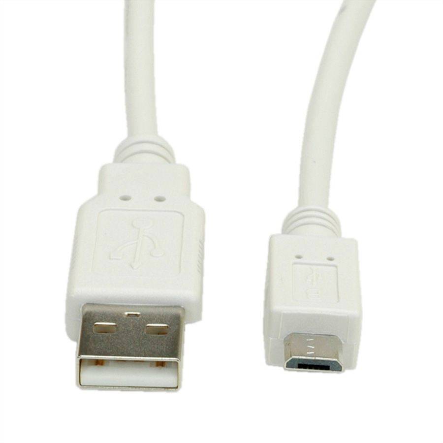 Weißes USB-Kabel mit einem Standard-USB-A-Stecker an einem Ende und einem kleineren USB-Mini-Anschluss am anderen Ende.
