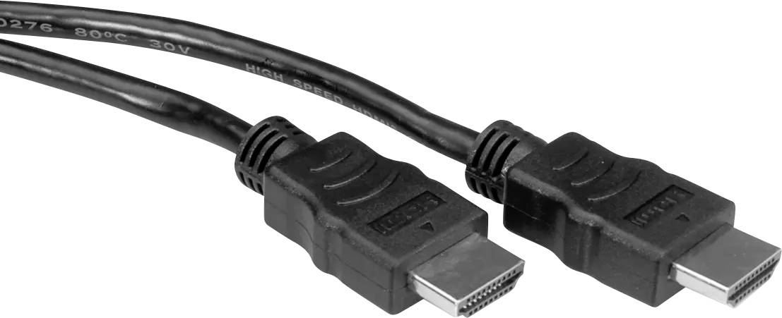 Zwei schwarze HDMI-Kabel mit Steckverbindern in Nahaufnahme auf weißem Hintergrund.