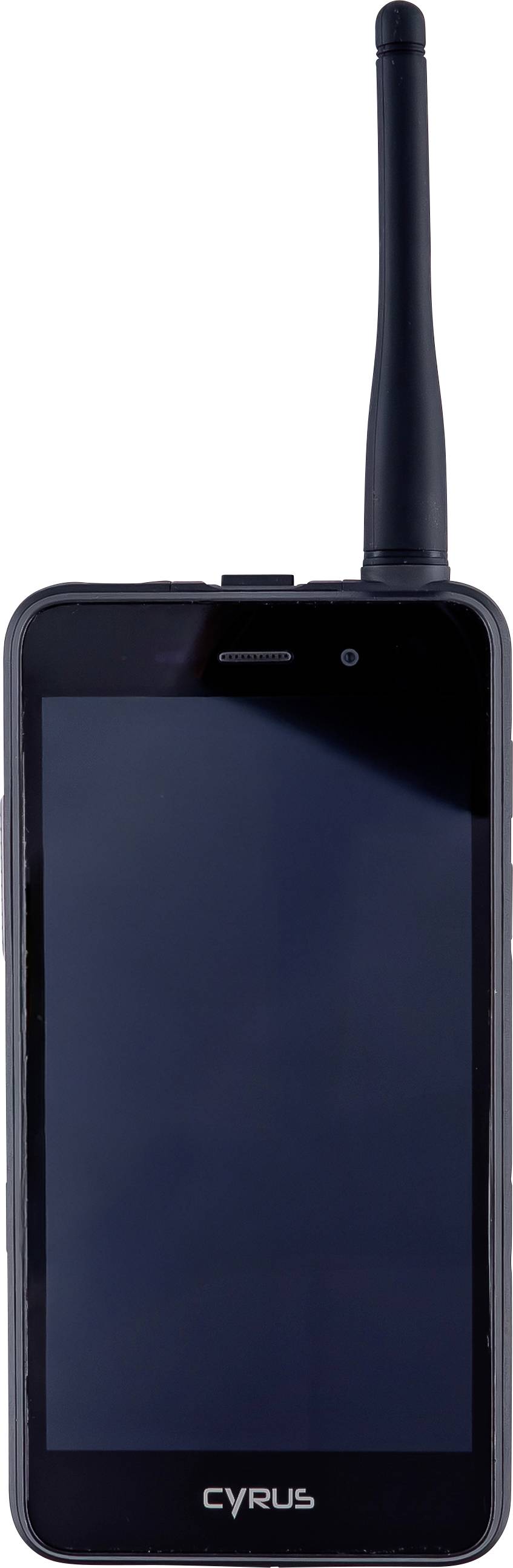 Schwarzes Cyrus-Smartphone mit einer langen externen Antenne, Vorderansicht mit ausgeschaltetem Bildschirm.