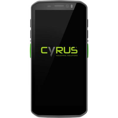 Robustes Smartphone in Vorderansicht mit dem Logo "CYRUS Industrial Solutions" auf einem schwarzen Bildschirm.