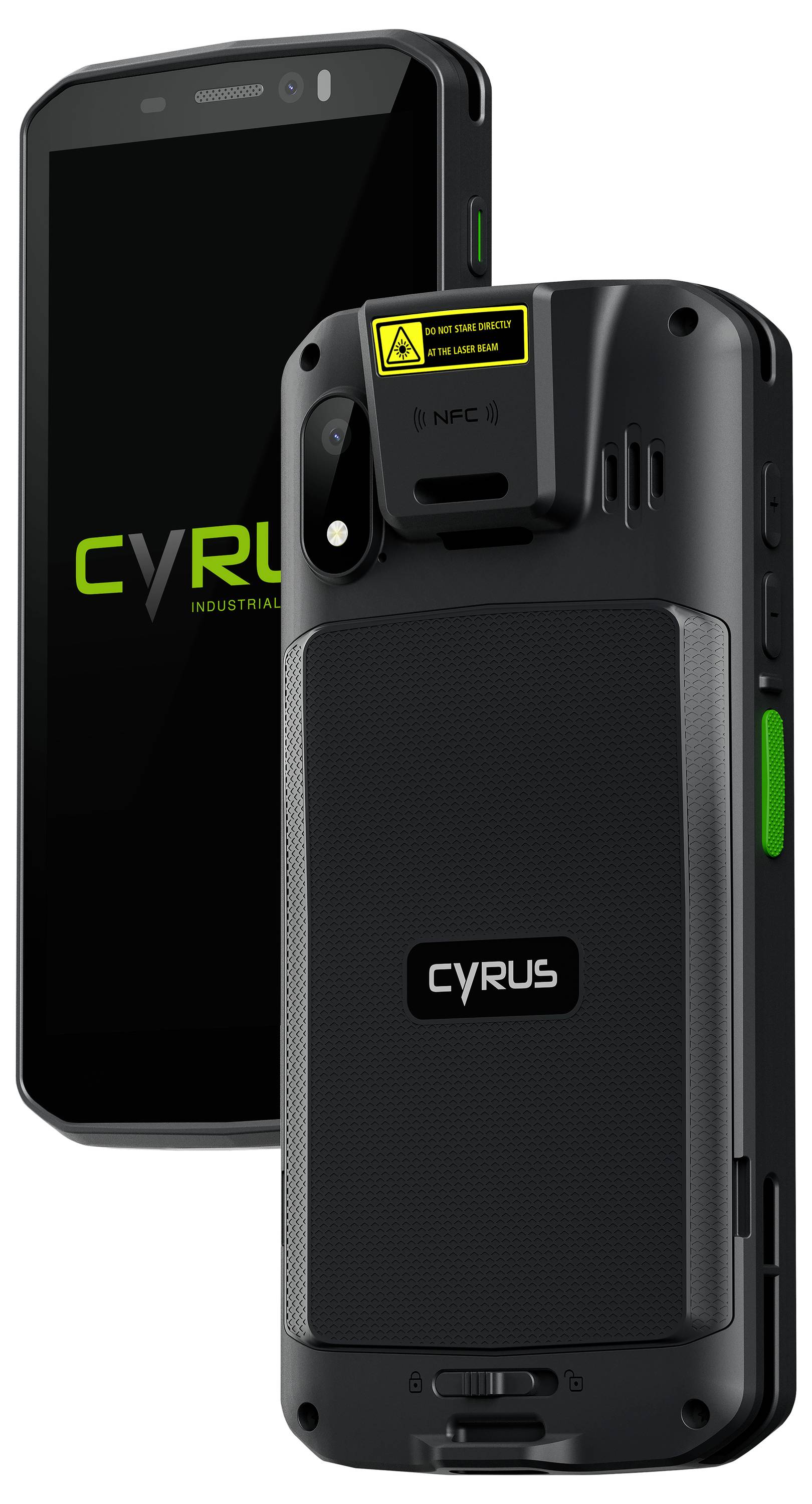 Zwei robuste CYRUS-Smartphones, von vorne und von hinten gezeigt, eines mit angebrachtem Schutzmodul, auf weißem Hintergrund.