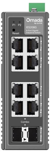 Vorderansicht eines Omada 8-Port-Industrial-Gigabit-Switches mit zwei gestapelten RJ45-Portgruppen und einem Kombi-Faserport unten.