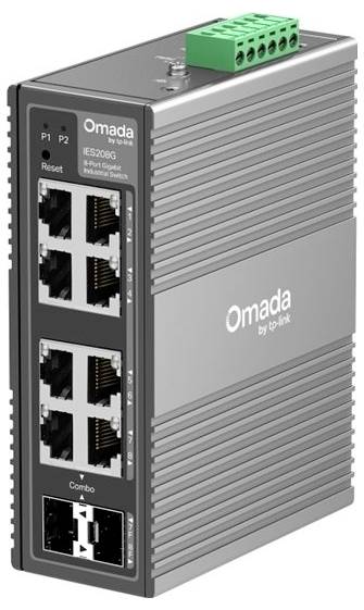 Omada von TP-Link industrieller Ethernet-Switch mit vier RJ45-Anschlüssen, zwei Combo-Anschlüssen und einer grünen Klemmleiste oben.