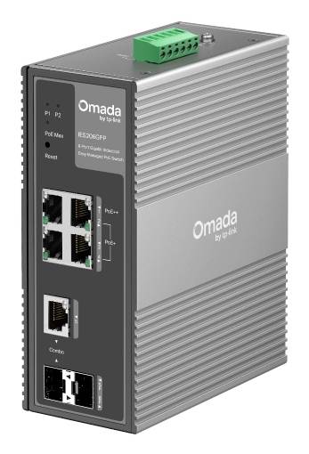 TP-Link Omada industrieller Ethernet-Switch mit vier RJ45-Anschlüssen, einem SFP-Port, Status-LEDs und oberem Stromklemmenblock.