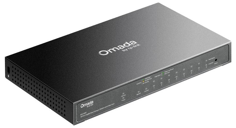Black Omada von TP-Link Netzwerk-Switch mit mehreren Status-Leuchten auf der Frontplatte und Ethernet-Anschlüssen, dargestellt in einer abgewinkelten Produktansicht.