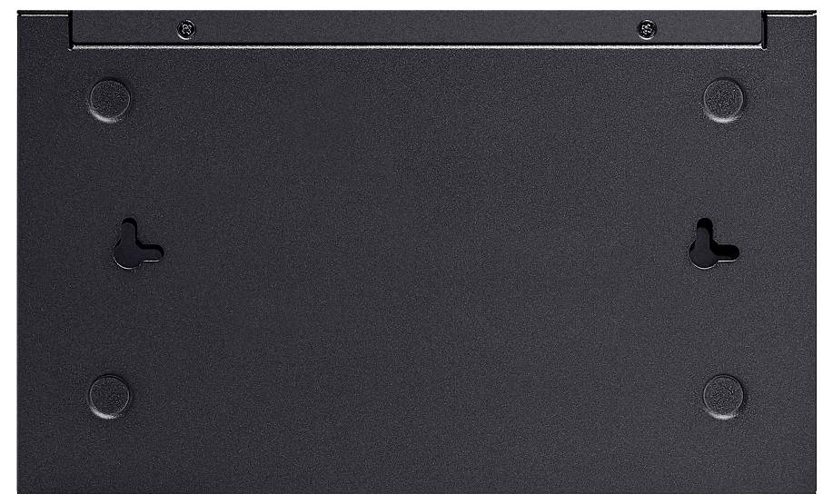Schwarze Metallmontageplatte mit Schraubenlöchern und Schlüssellochschlitzen zur Wandmontage