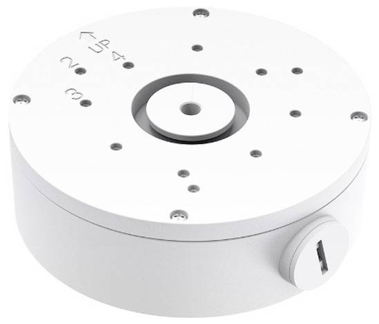 Weißes zylindrisches mechanisches Gerät mit nummerierten Löchern und einer Orientierungsmarkierung "UP", mit einer zentralen kreisförmigen Öffnung und einem seitlichen Anschlussanschluss.