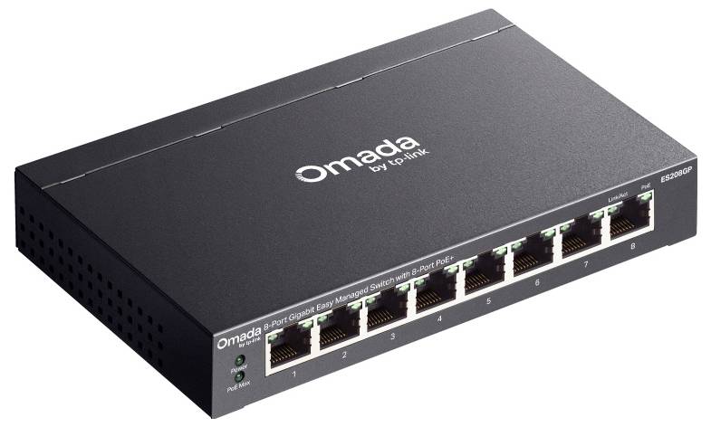 Schwarzer von TP-Link verwalteter Omada-Ethernet-Switch mit acht RJ45-Anschlüssen an der Vorderseite und Status-LEDs, dargestellt auf weißem Hintergrund.