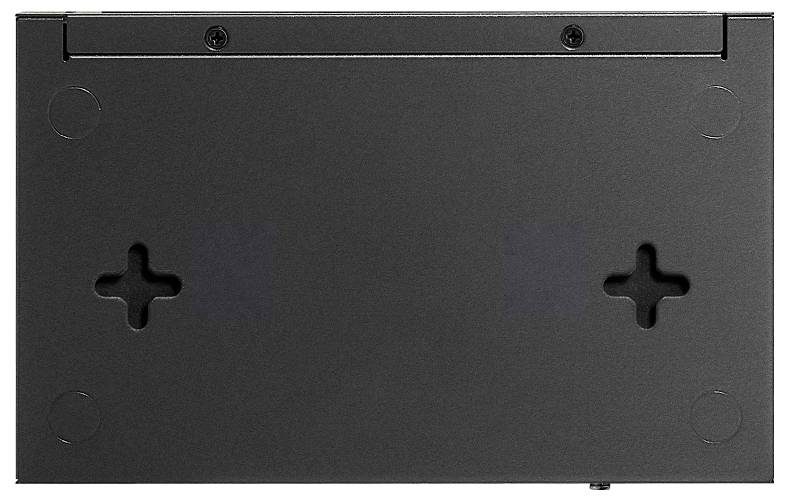 Rückansicht einer flachen schwarzen rechteckigen Wandhalterungsplatte für Fernseher oder Monitor mit Schraubenlöchern und Kabelzugangssaussparungen