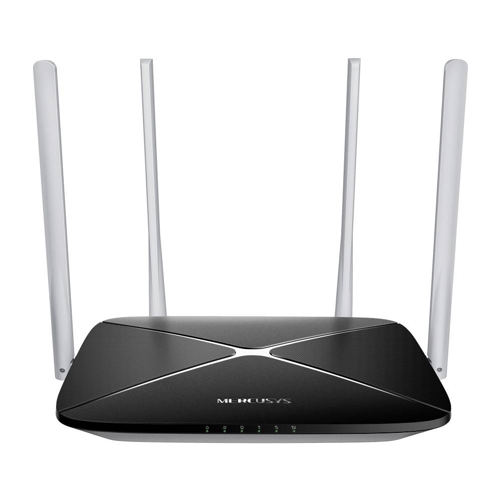 Schwarzer Mercusys-WLAN-Router mit vier vertikalen Antennen, von vorne auf weißem Hintergrund abgebildet.