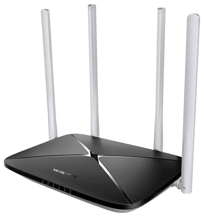 Schwarzer Mercury Wireless Router mit vier aufrechtstehenden Antennen und vorderen Statusleuchten