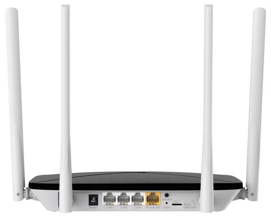 Weißer Vier-Antennen-WLAN-Router von vorne gezeigt, mit sichtbaren Stromversorgung, vier Ethernet-Anschlüssen und Reset-/WPS-Steuerelementen.