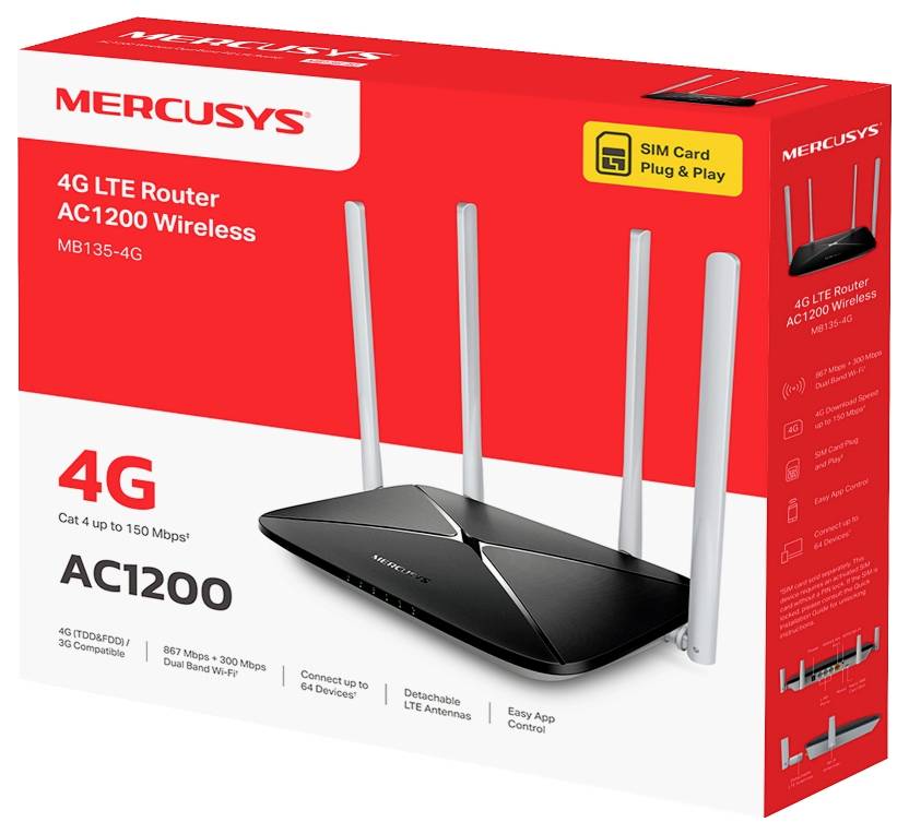 Mercusys 4G LTE Router AC1200 Wireless Box, zeigt einen schwarzen Router mit vier Antennen und einem "SIM Card Plug & Play" Etikett.