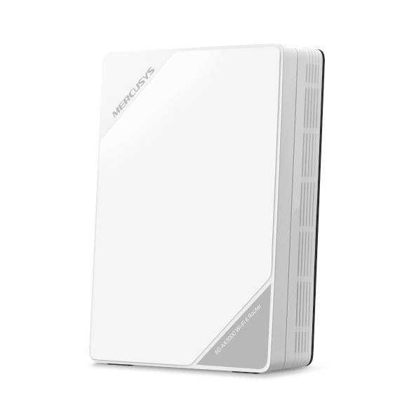 Weißer Mercusys Wi-Fi-Router in aufrechter Position mit minimalistischem Design und seitlichen Lüftungsschlitzen auf einfachem Hintergrund.