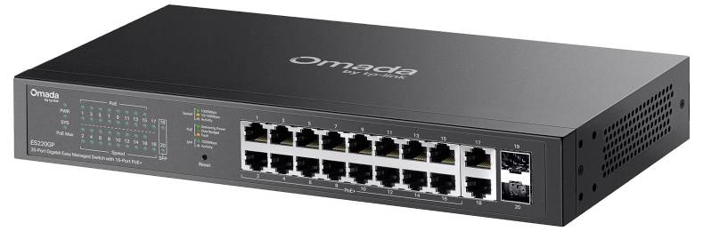 Schwarzer Omada-Ethernet-Switch in Dreiviertelsicht mit mehreren Netzwerkports auf der Vorderseite, Status-LEDs und Omada-Branding.