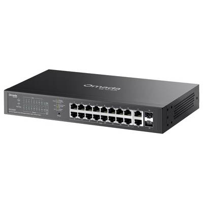 Schwarzer Omada-Ethernet-Switch in Dreiviertelsicht mit mehreren Netzwerkports auf der Vorderseite, Status-LEDs und Omada-Branding.