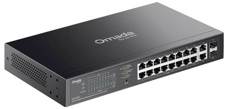 Schwarzer TP-Link Omada Rackmount-Netzwerk-Switch mit mehreren Ethernet-Anschlüssen auf der Frontplatte.