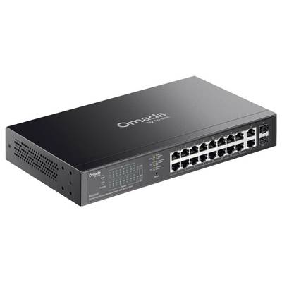 Schwarzer TP-Link Omada Rackmount-Netzwerk-Switch mit mehreren Ethernet-Anschlüssen auf der Frontplatte.