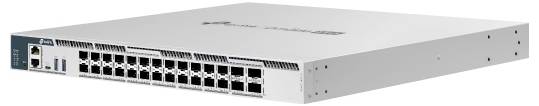 Vorderansicht eines weißen Netzwerk-Switches mit 24 Ethernet-Anschlüssen, zwei SFP-Steckplätzen und Strom-/Statusleuchten auf der linken Seite.