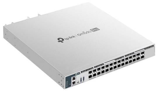 Silberner TP-Link Omada Netzwerk-Switch mit vielen Ethernet-Ports und einigen Uplink-/USB-Ports auf der Frontplatte