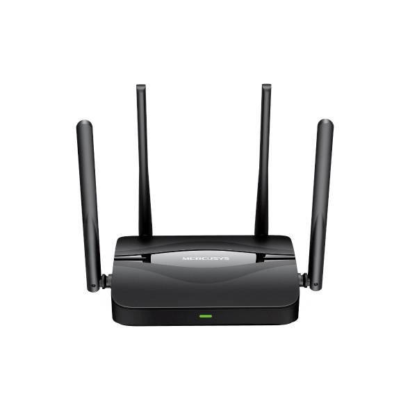 Schwarzer kabelloser Router mit vier Antennen und einer vorderen Statusleuchte, dargestellt auf weißem Hintergrund.