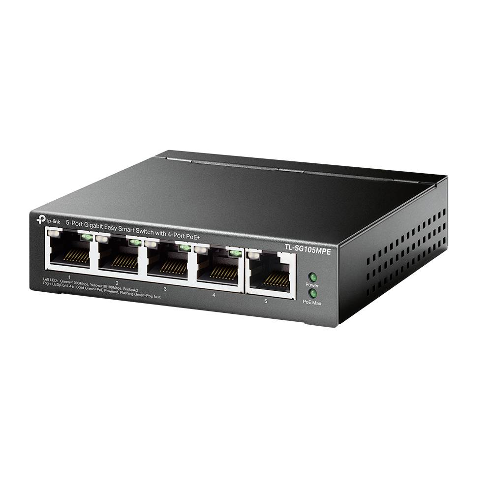 Schwarzer TP-Link 5-Port-Gigabit-Easy-Smart-Switch mit 4 PoE+-Ports, dargestellt auf weißem Hintergrund.
