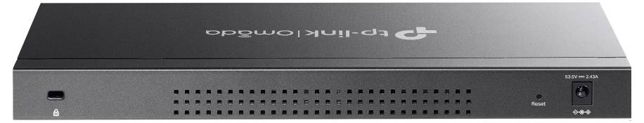 Vorderansicht eines TP-Link Netzwerk-Switches mit dunklem grauem Metallgehäuse, LED-Statusindikatoren auf der Vorderseite, Sicherheitsnut und einem Reset-Knopf auf der rechten Seite.