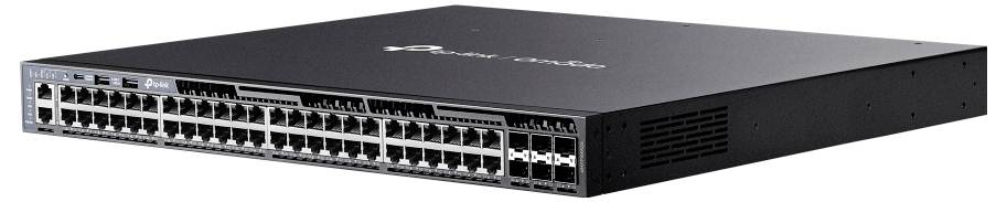 Vorderansicht eines schwarzen Netzwerk-Switches mit vielen Ethernet-Anschlüssen auf der Frontplatte und belüftetem Seitengitter.