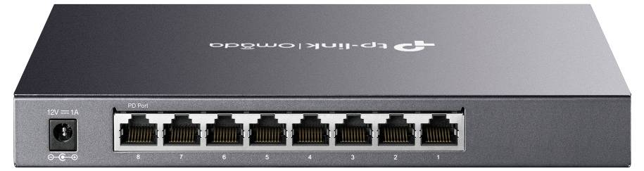 Vorderansicht eines TP-Link Netzwerk-Switches mit einem Stromanschluss und acht nummerierten Ethernet-Anschlüssen, auf grauem Hintergrund dargestellt.