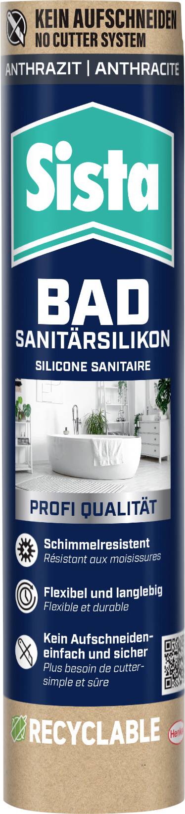 Sista BAD Sanitär-Silikonschlauch, gekennzeichnet ohne Schneidesystem, anthrazit, fleckenresistent, flexibel und langlebig, recycelbar.