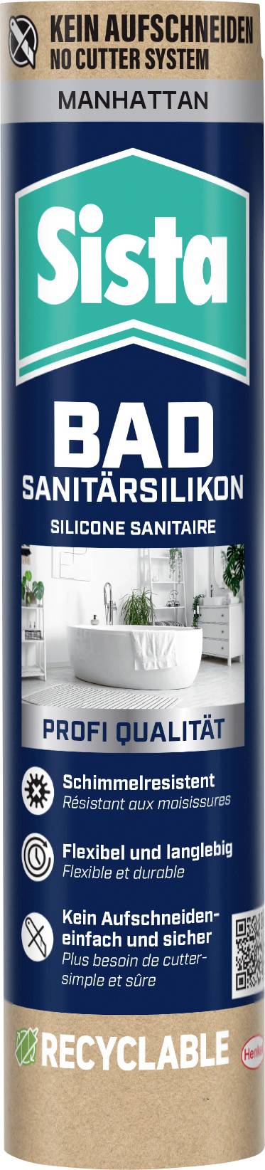 Sista BAD Sanitär-Silikon-Patrone, beschriftet auf Deutsch und Französisch, für Badezimmer; hebt ein Schnitt-freies Düsensystem, hohe Qualität, Schimmelresistenz, Flexibilität und Recycelbarkeit hervor.