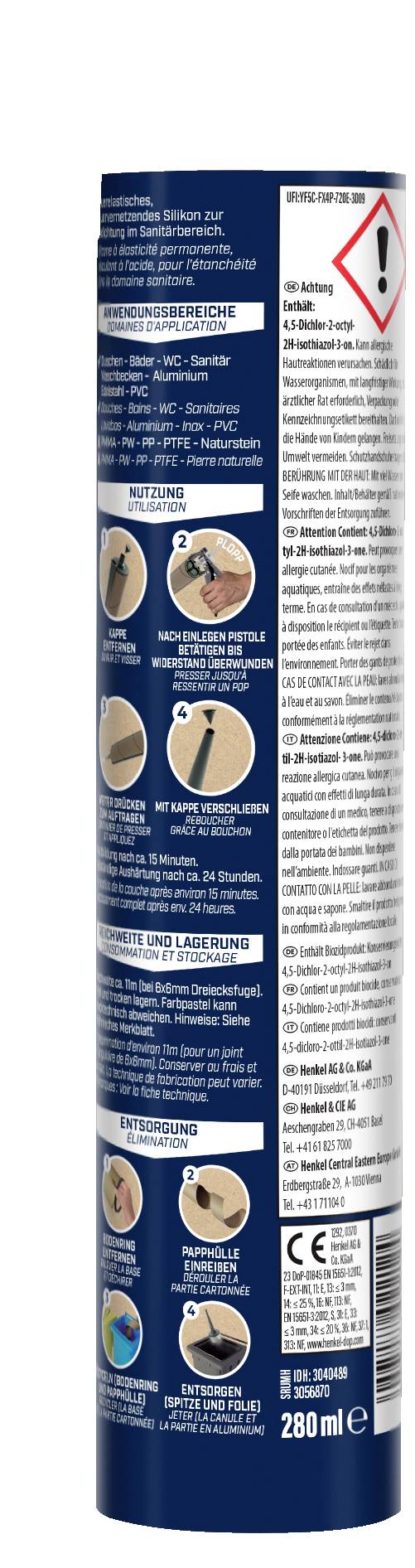 Ein hohes blau-weiß gestreiftes Sprühdosenetikett mit Gebrauchsanweisungen, Warnsymbolen und „280 ml" auf der Unterseite gedruckt.