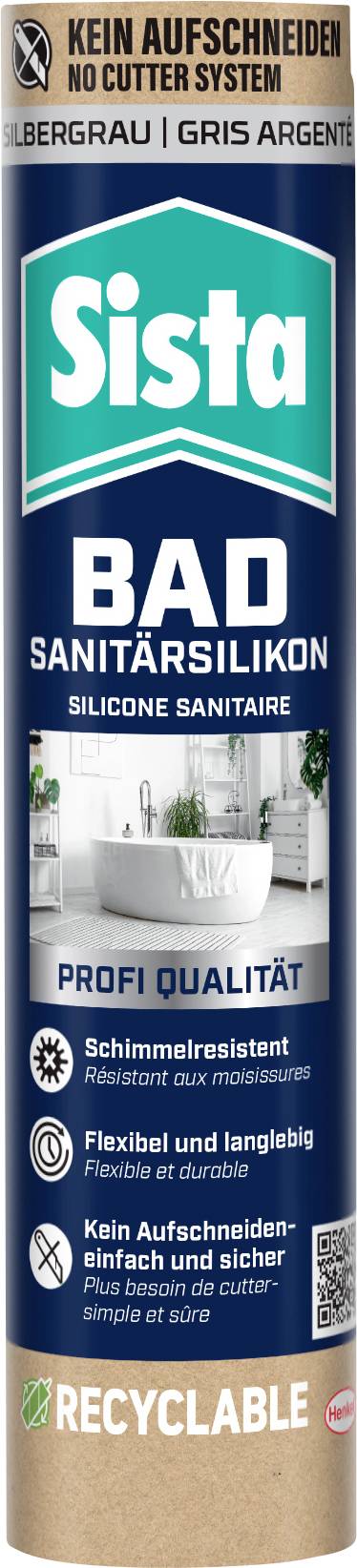Sista BAD sanitäres Silikonrohr mit französischem und deutschem Text, mit Recycling-Kennzeichnung und einem Badezimmerbild versehen, mit Produktansprüchen zur Schimmelresistenz und einfachen Anwendung.