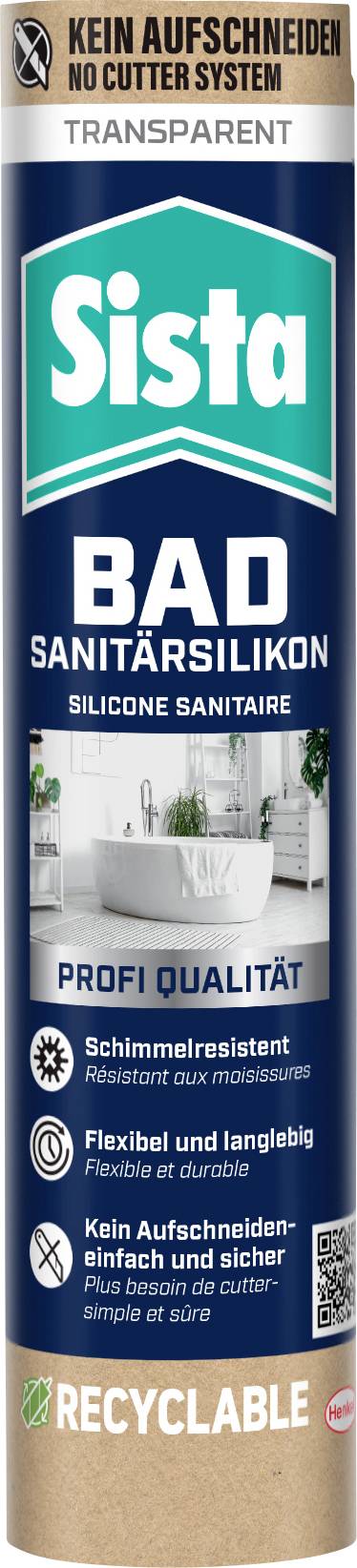 Sista BAD Sanitär-Silikon-Dichtmasse in Kartusche, transparent, zur Verwendung im Badezimmer; mit Anti-Schimmel-Eigenschaften, flexibel, Düse ohne Schnitt erforderlich, und recycelbarer Verpackung.
