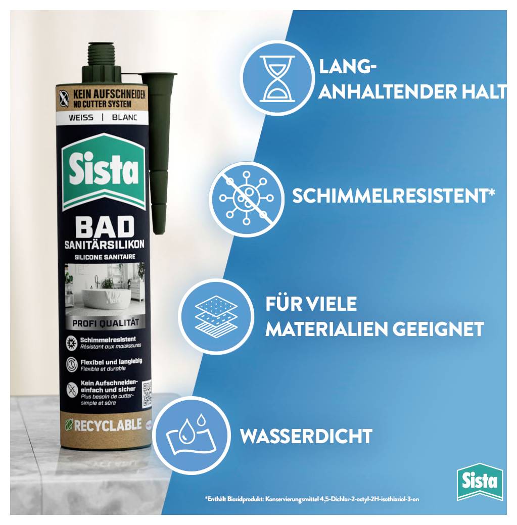 Sista BAD Silikonkartusche neben Vorteilsikonen: lang anhaltend, schimmelresistent, für viele Materialien geeignet und wasserdicht.