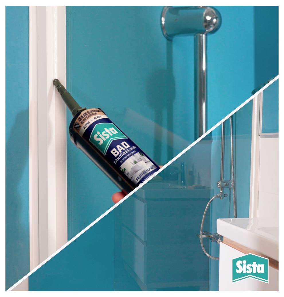 Sista BAD Sanitärdichtmittel in einer diagonalen Vorher-Nachher-Darstellung: links Tube an Fuge, rechts Duschbereich mit fertig abgedichteter Wand.