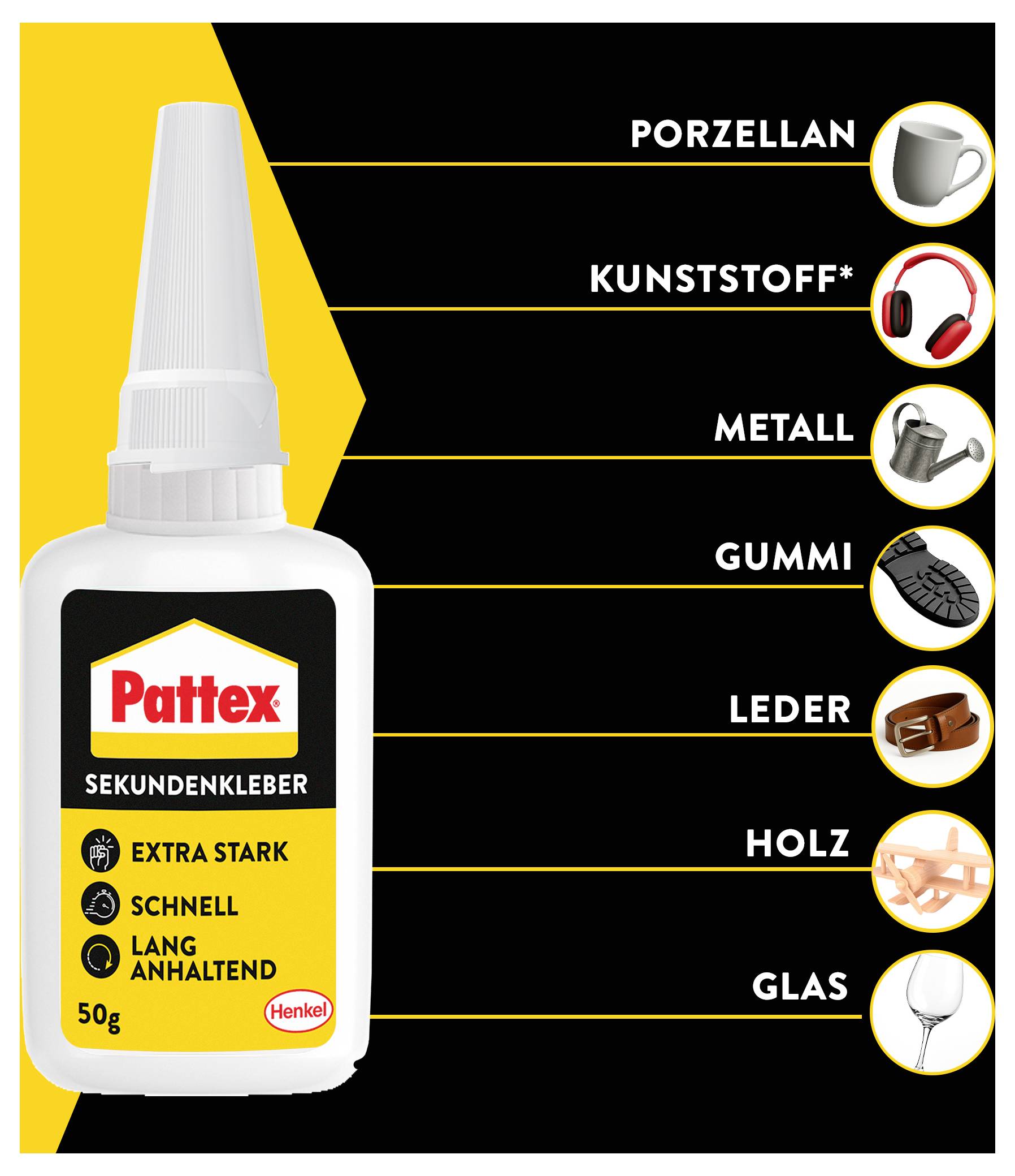Pattex Sekundenkleber-Produktabbildung mit Anwendungsbereichen: Porzellan, Kunststoff, Metall, Gummi, Leder, Holz und Glas.