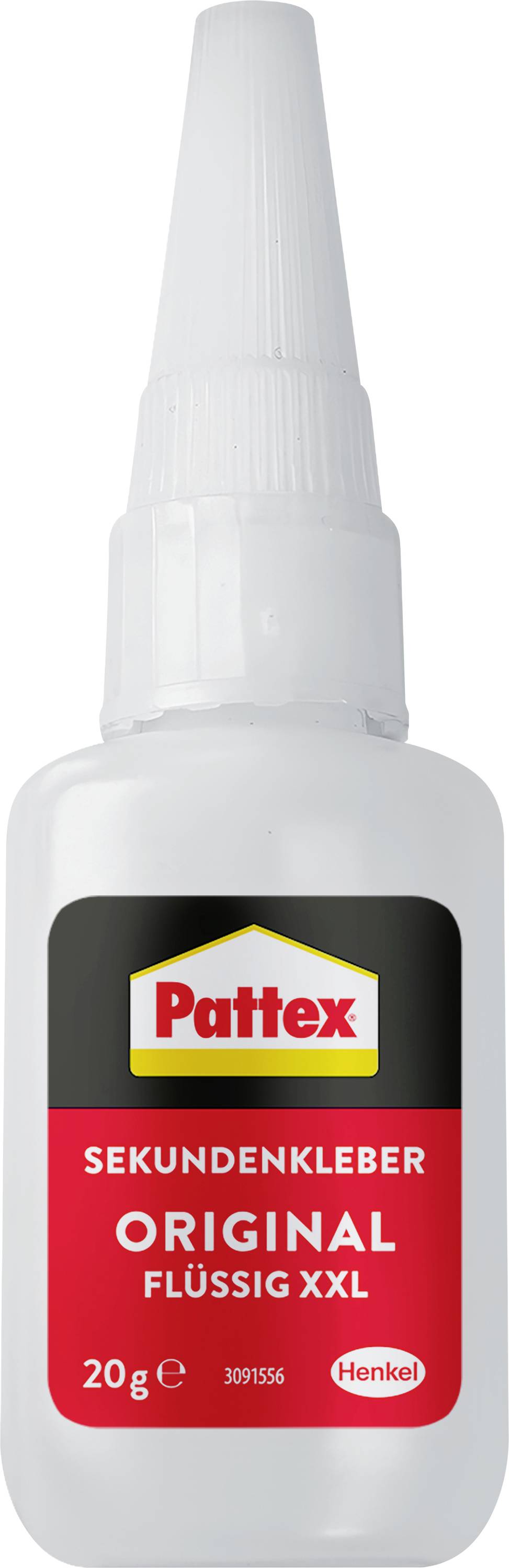 Pattex Original Flüssig XXL Sekundenkleber Flasche, 20 g, mit schwarzem und rotem Etikett und durchsichtigem Verschlussdeckel.