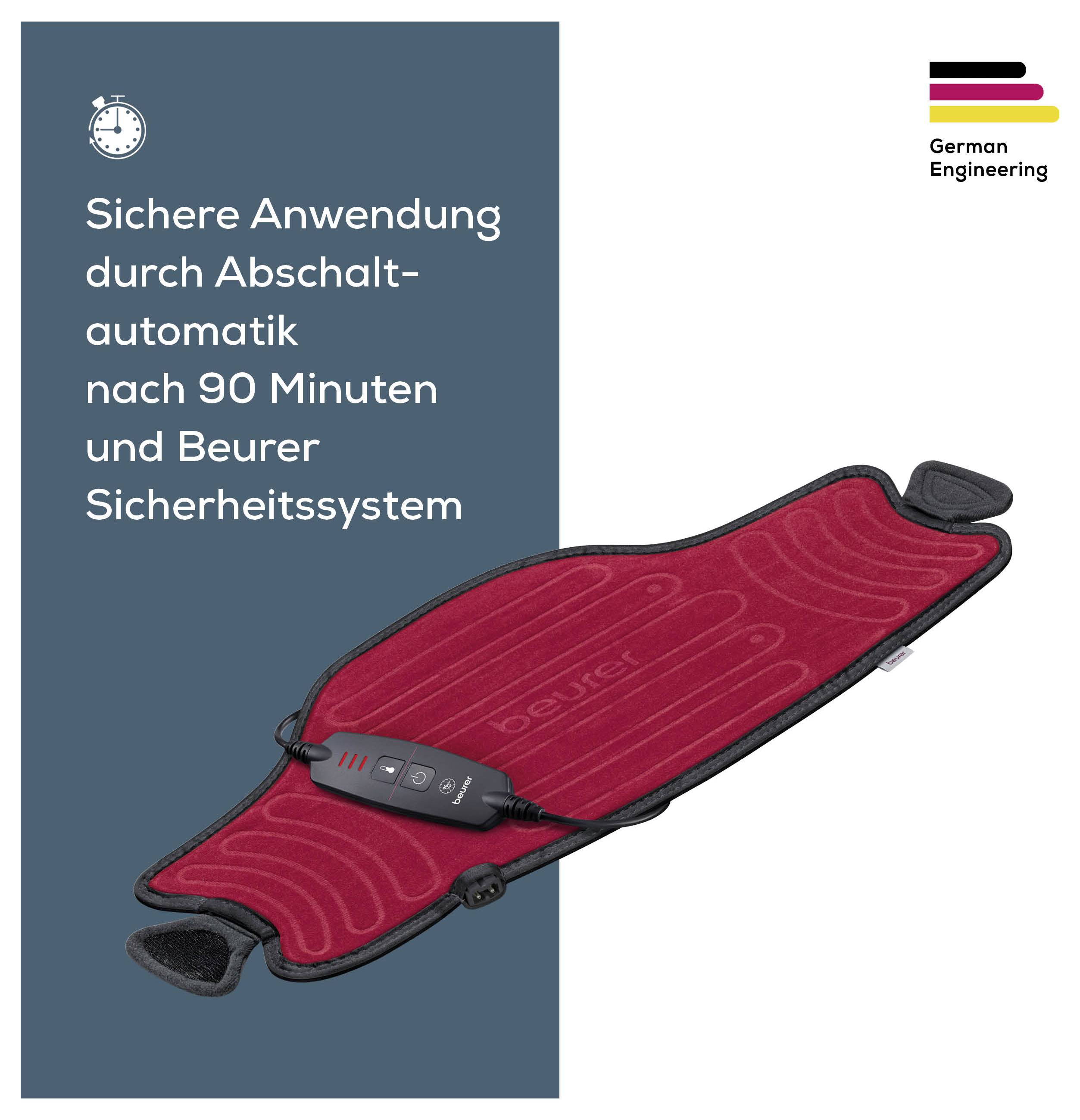Beurer Wärmeunterbett mit Abschaltautomatik nach 90 Minuten und Sicherheitssystem, links mit Text, rechts Produktbild und Logo.