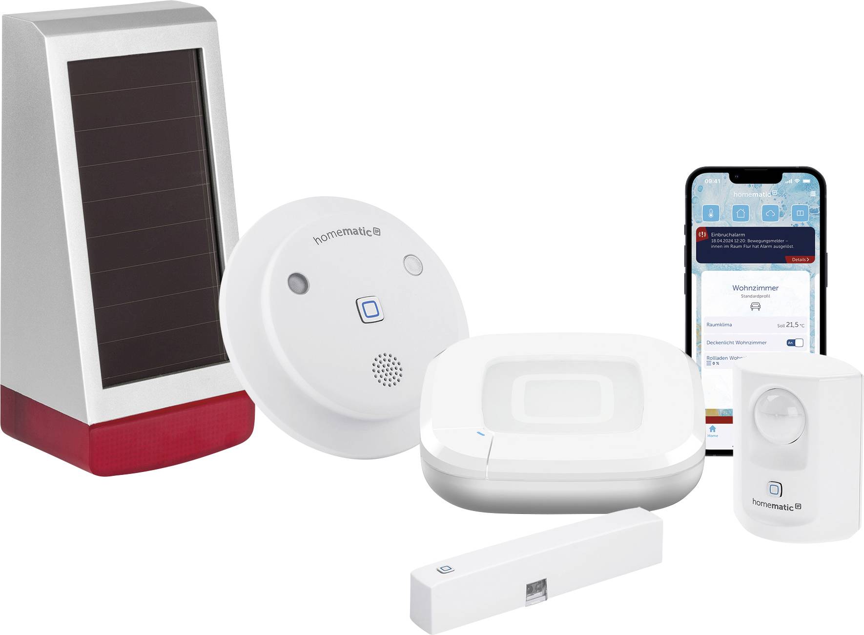 Assortierte Homematic IP Smart-Home-Geräte, darunter ein solarbetriebener Sensor, Wandsensor, Hub, Bewegungsmelder und Smartphone-App-Anzeige.