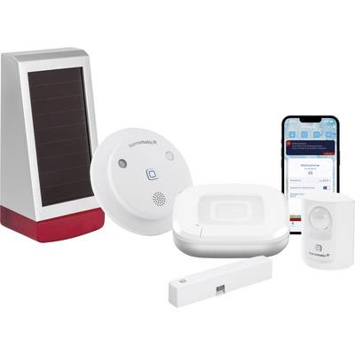 Assortierte Homematic IP Smart-Home-Geräte, darunter ein solarbetriebener Sensor, Wandsensor, Hub, Bewegungsmelder und Smartphone-App-Anzeige.