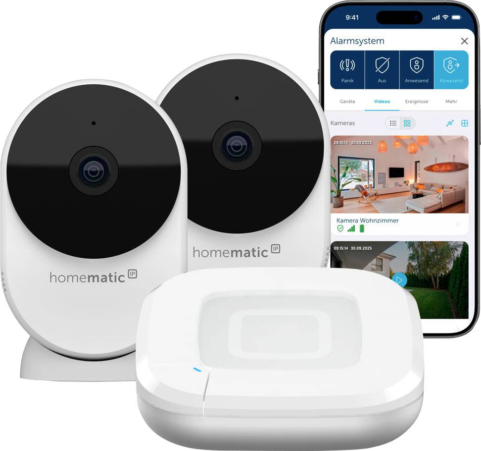 Intelligente Hausüberwachungskameras, Bewegungsmelder und eine Telefon-App, die Live-Kameraansicht und Alarmsteuerung anzeigt.