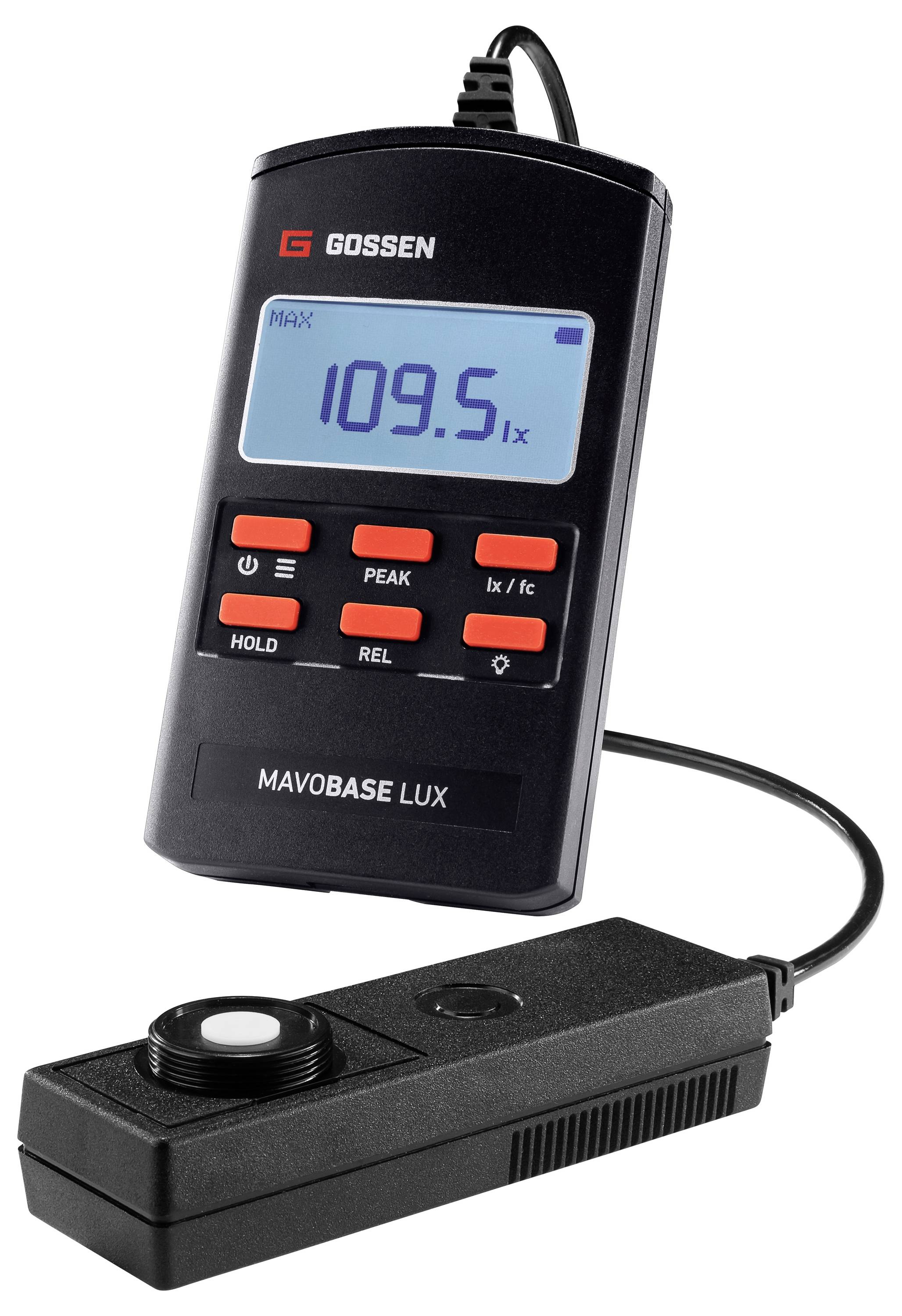 Tragbares Gossen Mavolux-Luxmeter mit separatem Lichtsensor, zeigt 109,5 lx auf seinem Display an.