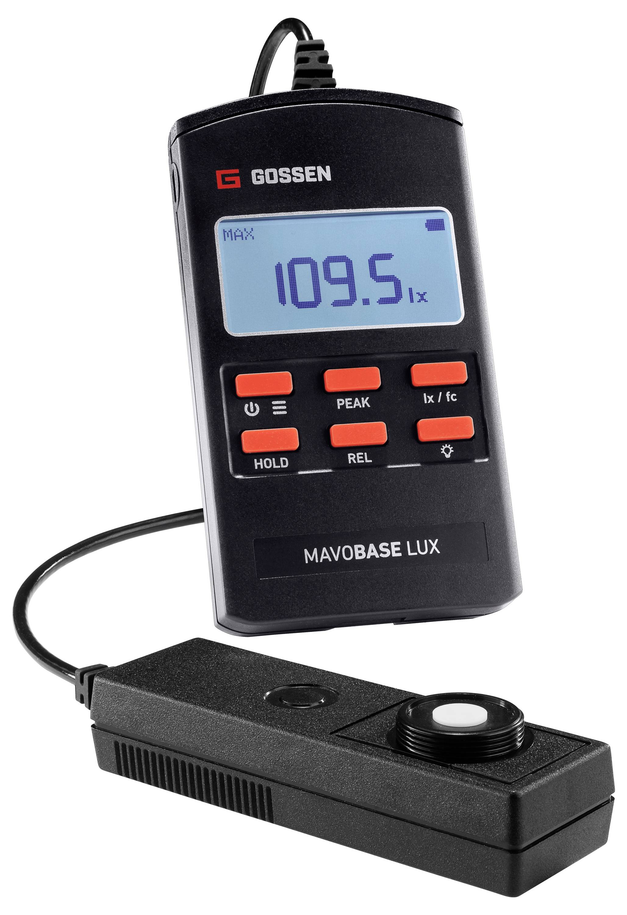 Tragbares Gossen Mavobase Lux-Luxmeter mit abnehmbarem Sensortaster, das 109,5 lx auf dem Display anzeigt.