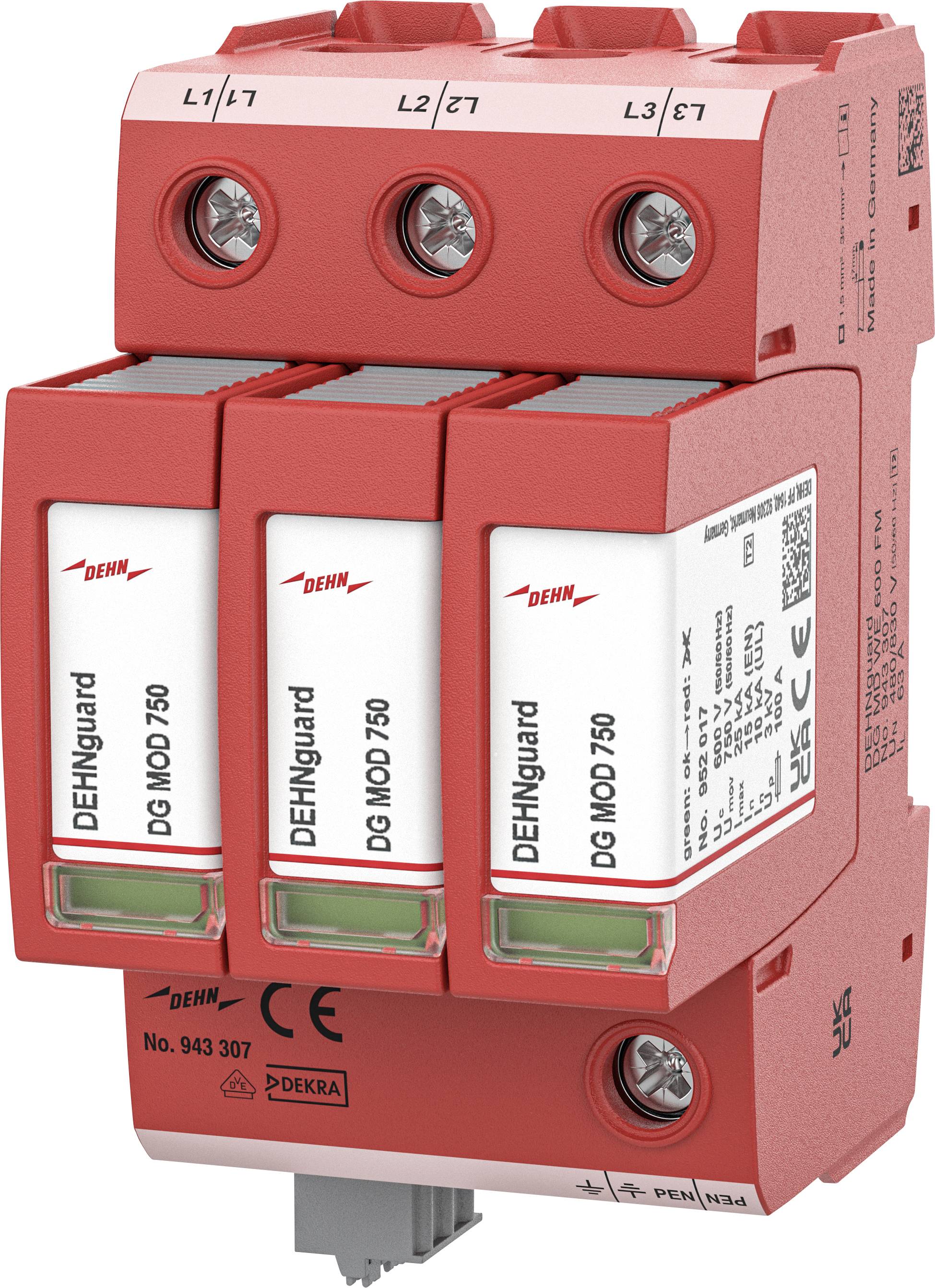Rotes DEHNguard DG MOD 750 Überspannungsschutzgerät mit drei Modulen und Anschlussklemmen L1, L2, L3.