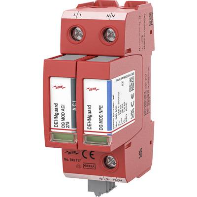 Rotes DIN-Schienen-Überspannungsschutzgerät mit zwei Patronenmodulen mit der Bezeichnung DEHNguard DG MOD Module.